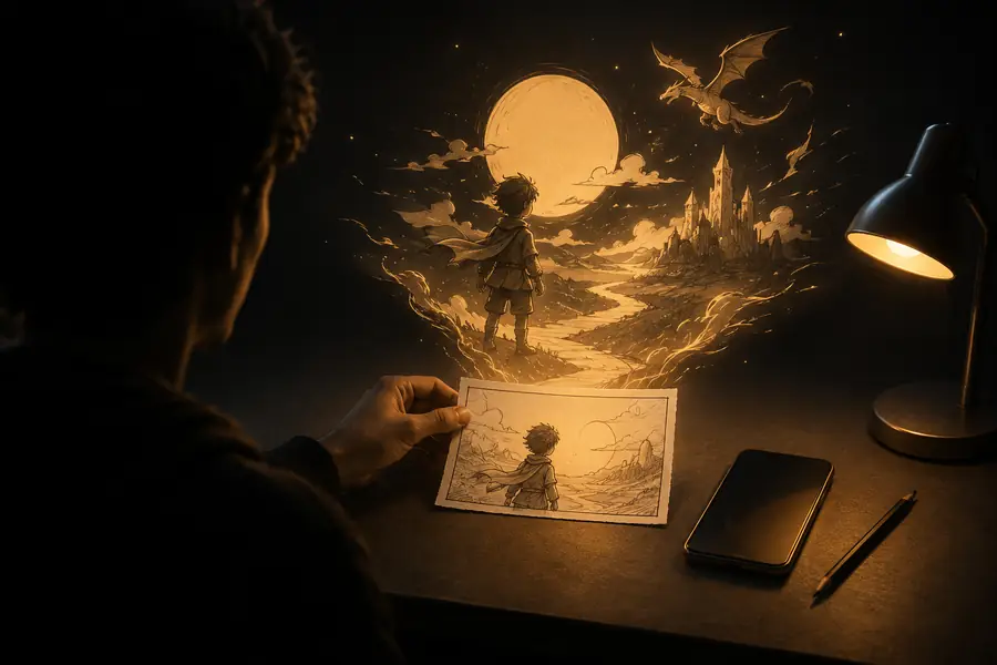 Abstract AI-generated video scene with a paper boat in a glowing forest