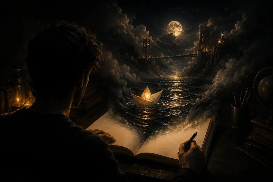 Written prompt describing a cinematic paper boat scene